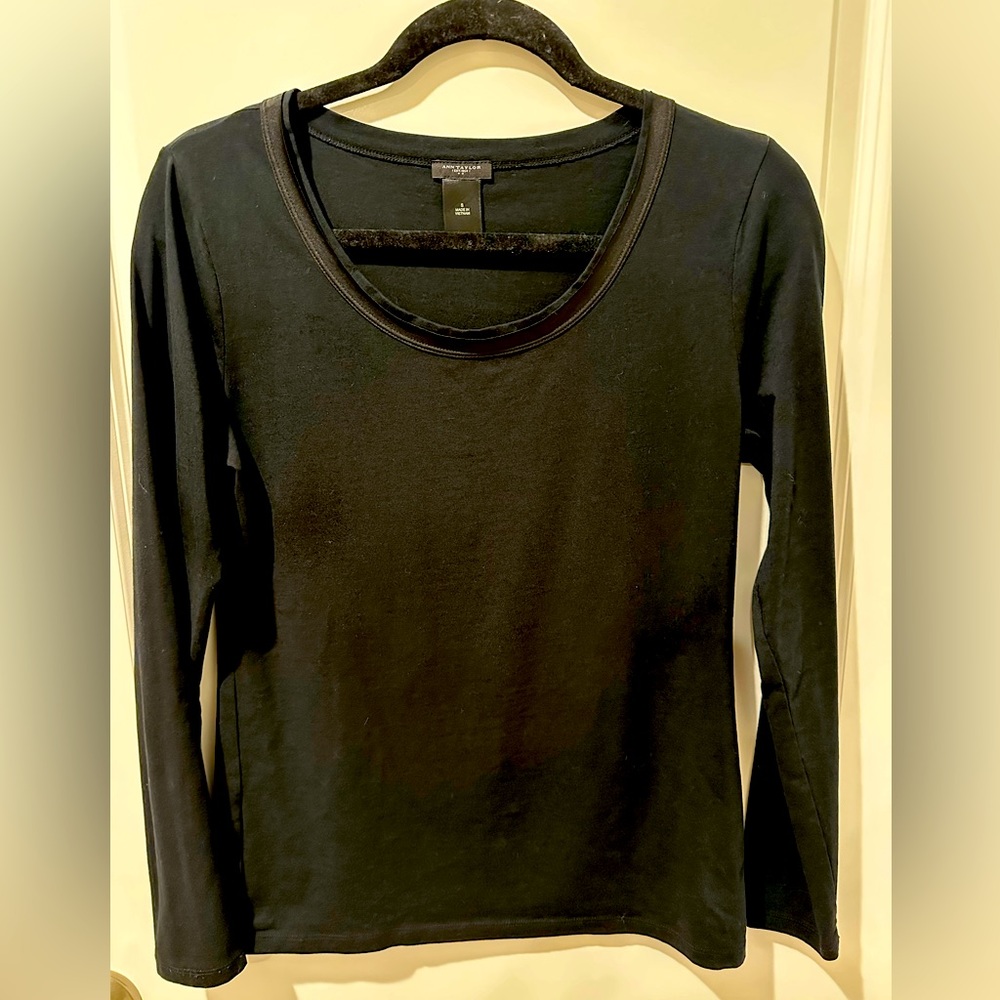 Long sleeve black Ann Taylor T with collar detail.